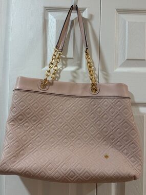 Tory Burch Quilted Tote in Blush Pink with Gold Chain Handles